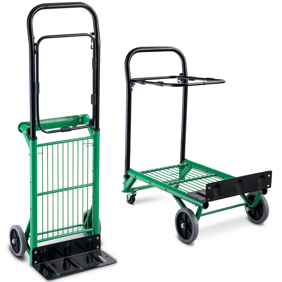 The garden tool shown in both its upright folded and horizontal platform states