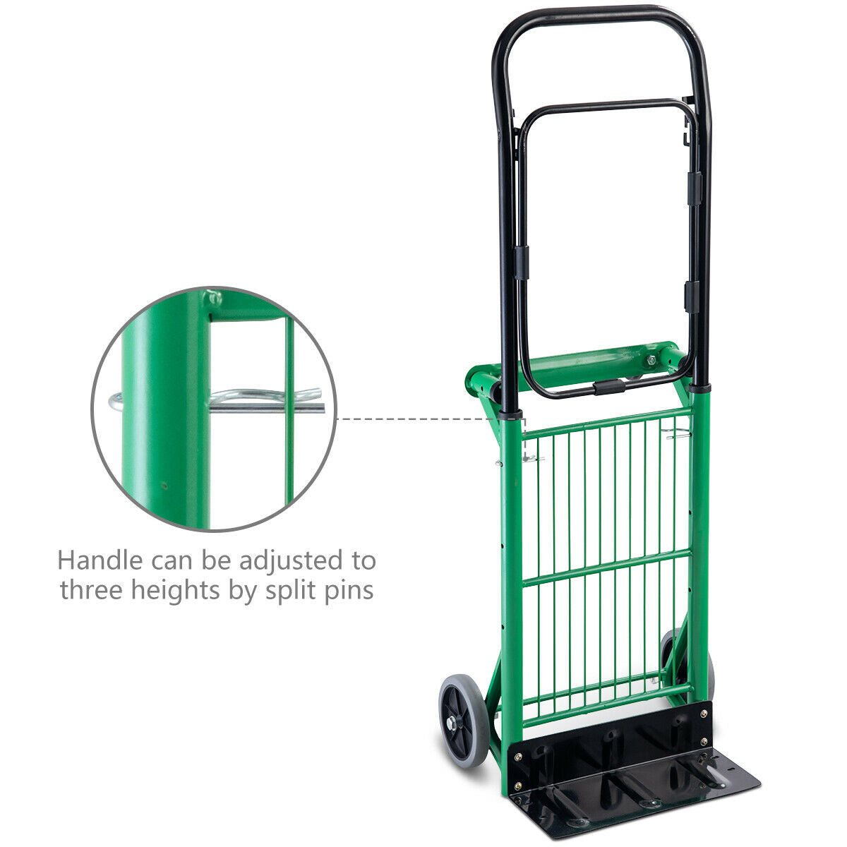 Multi-Purpose Folding Sack Barrow / Platform Trolley, the garden tool showing the adjustable handle mechanism with a circular