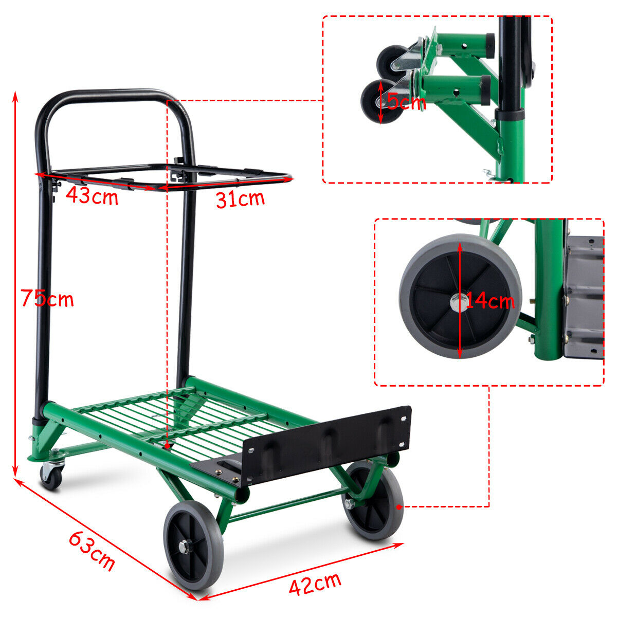 Multi-Purpose Folding Sack Barrow / Platform Trolley, the garden tool with red dimension lines and close-up details of the