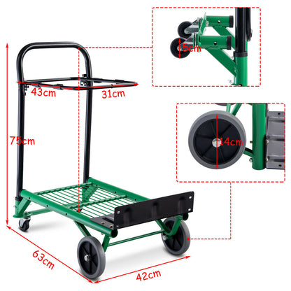 Multi-Purpose Folding Sack Barrow / Platform Trolley, the garden tool with red dimension lines and close-up details of the