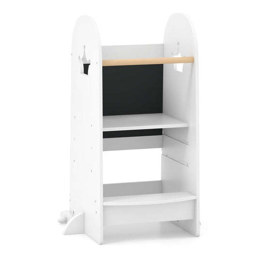 Multi-purpose Kids Kitchen Tower in white with a blackboard and two shelves