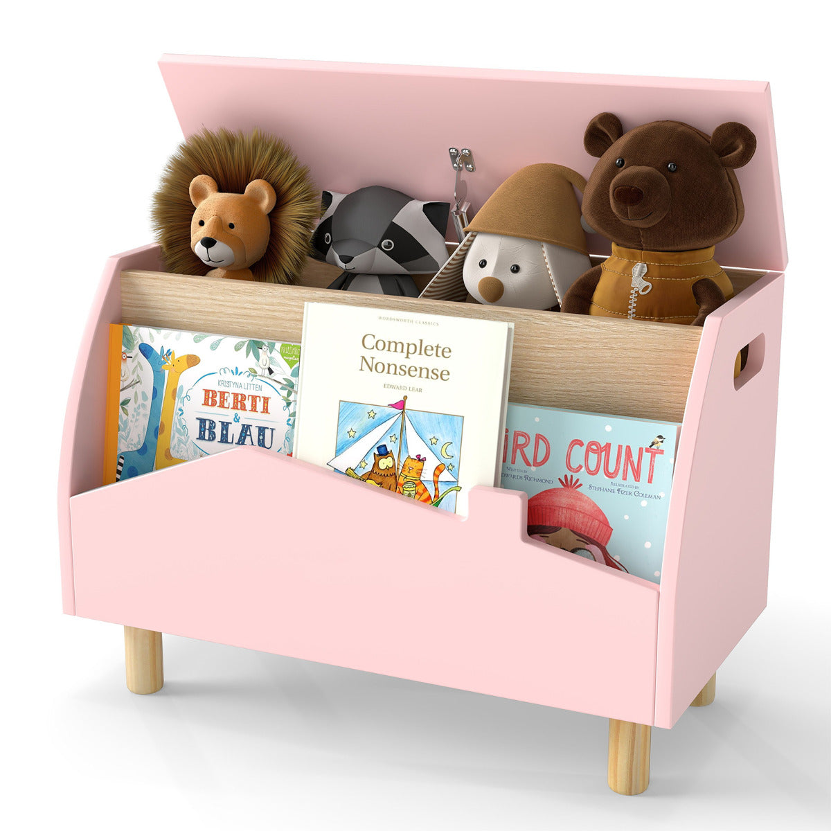 Multifunctional Kids Toy Box with Safety Hinge for Playroom in Pink