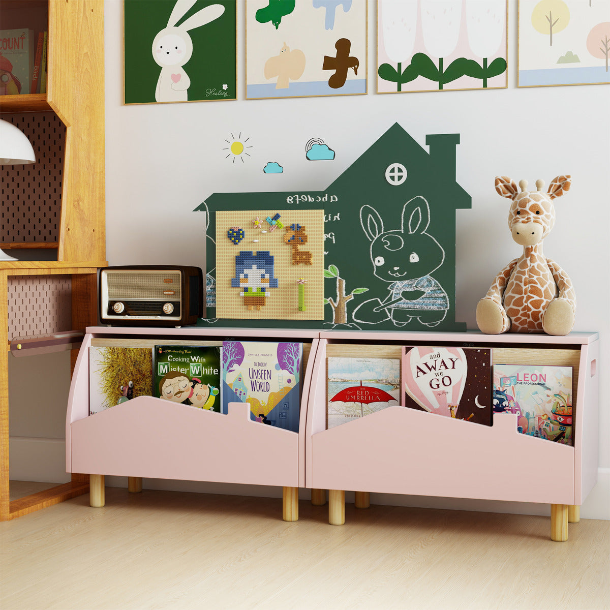 Multifunctional Kids Toy Box with Safety Hinge for Playroom in Pink