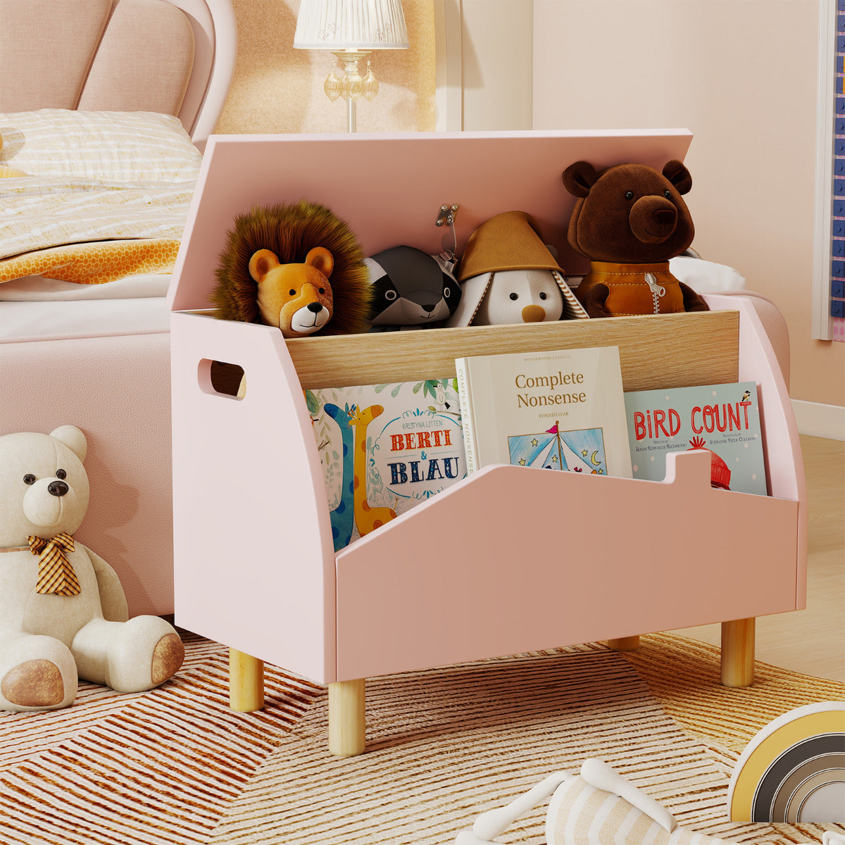 Multifunctional Kids Toy Box with Safety Hinge for Playroom in Pink