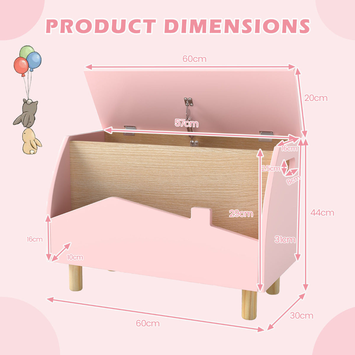 Multifunctional Kids Toy Box with Safety Hinge for Playroom in Pink
