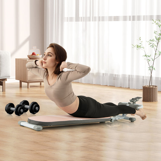 Woman doing exercises on the pink sit up bench in a bright room