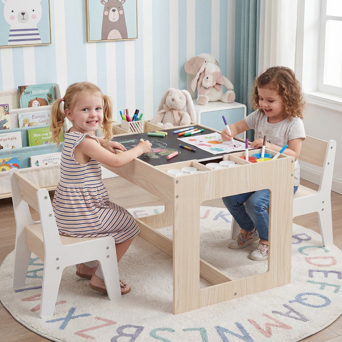 Multifunctional Kids Table and 2 Chairs Set with Whiteboard-Natural & White
