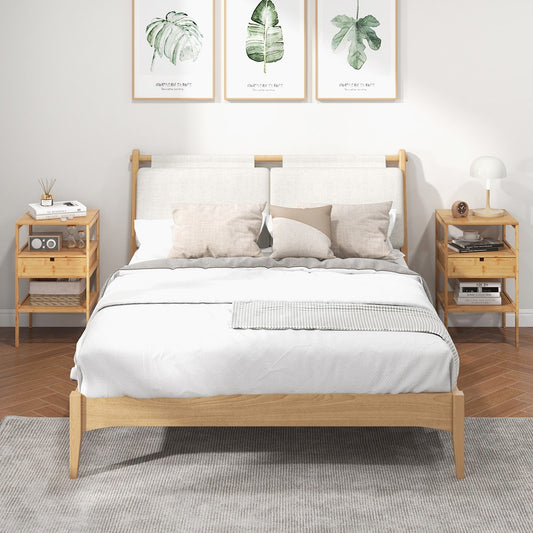 Two bamboo nightstands in a bedroom setting next to a bed