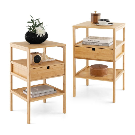 Multipurpose Bamboo Nightstand with Storage Drawer and Slatted Shelf in natural bamboo finish