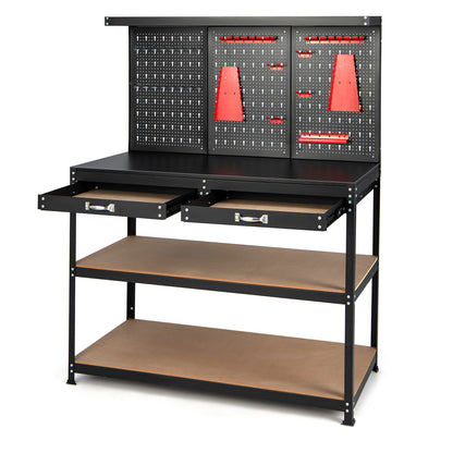 The garage worktable with both drawers pulled open to show the empty storage space