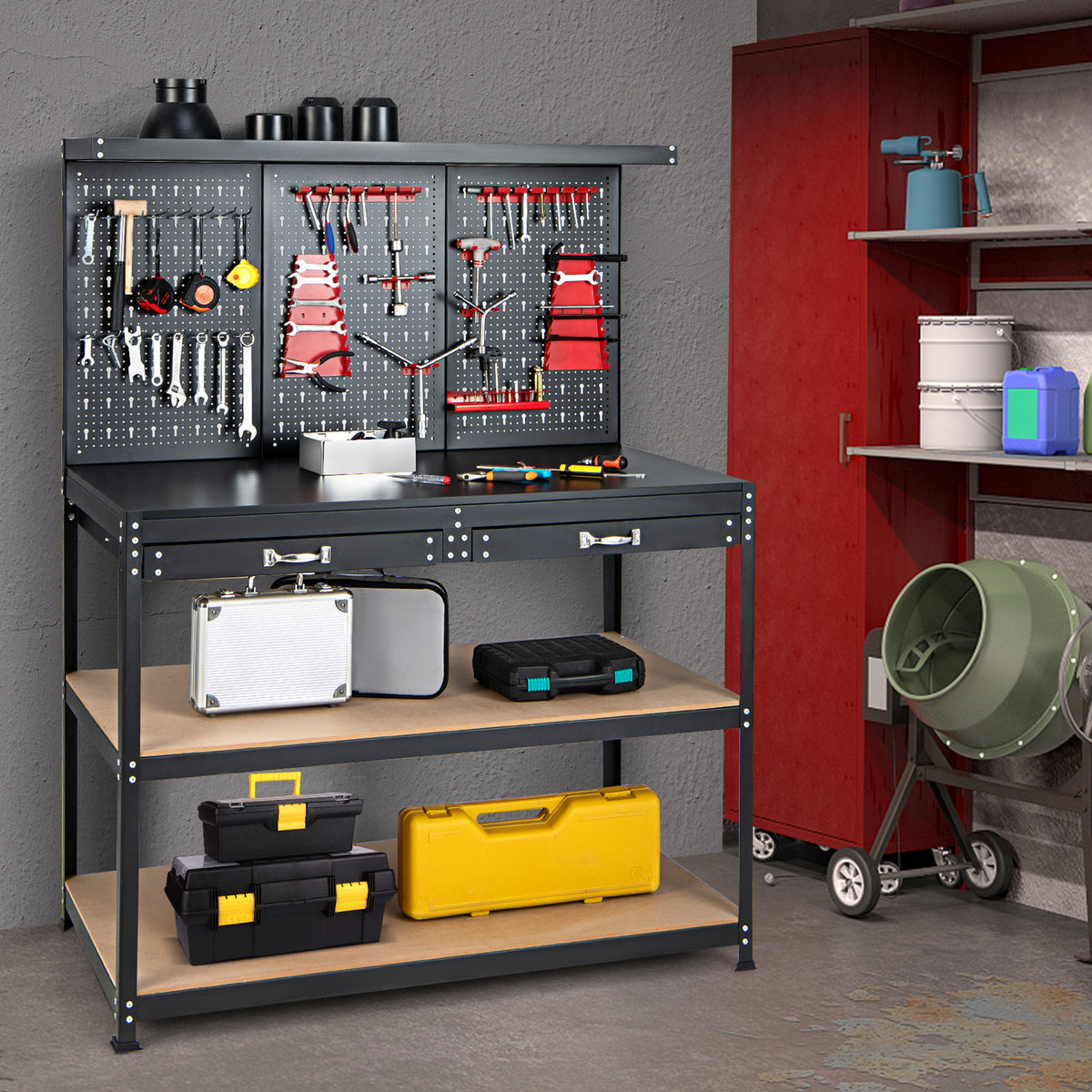 The garage worktable standing in a workshop next to a red metal cabinet and concrete floor