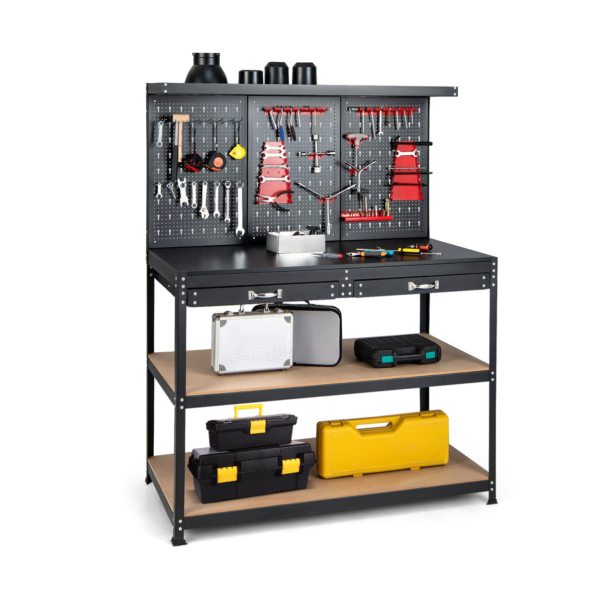 Multipurpose Garage Worktable with Pegboard and Drawers fully stocked with tools and storage cases