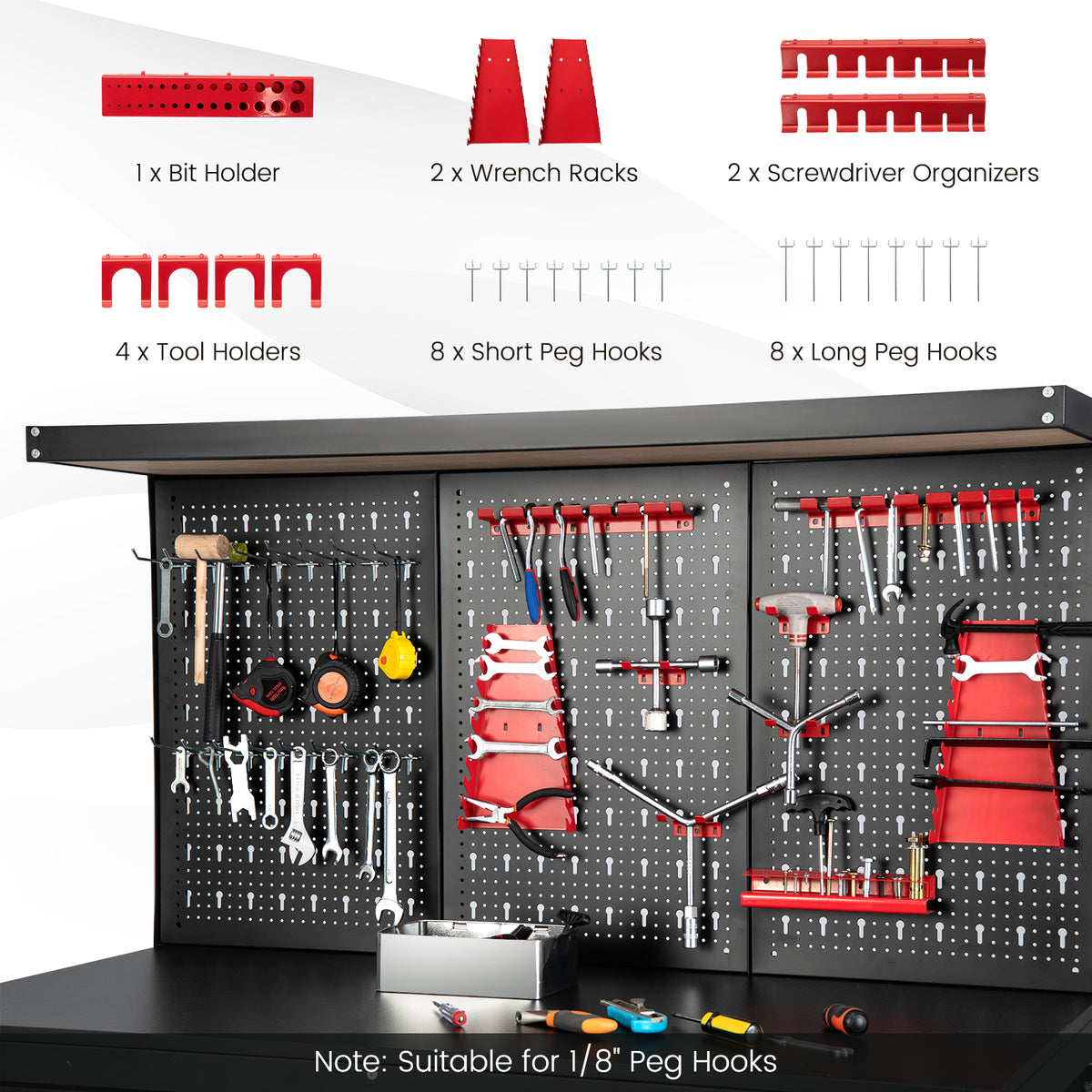 The garage worktable pegboard with various hooks and organisers laid out above