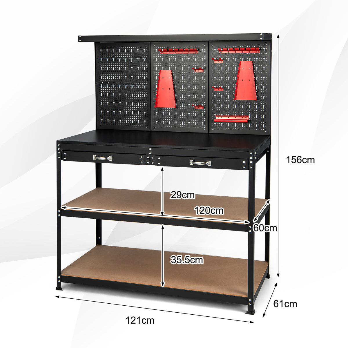 The garage worktable with white lines and text indicating the dimensions of the unit