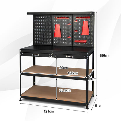 The garage worktable with white lines and text indicating the dimensions of the unit