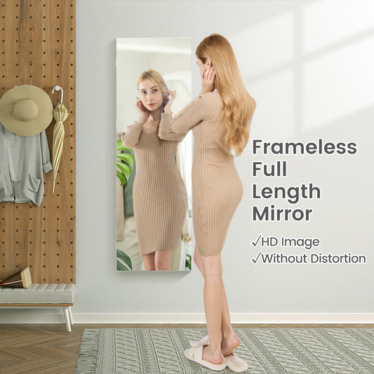 Multipurpose Storage Cabinet with 4 Drawers, a woman looking into a full-length mirror, showing the frameless design and HD