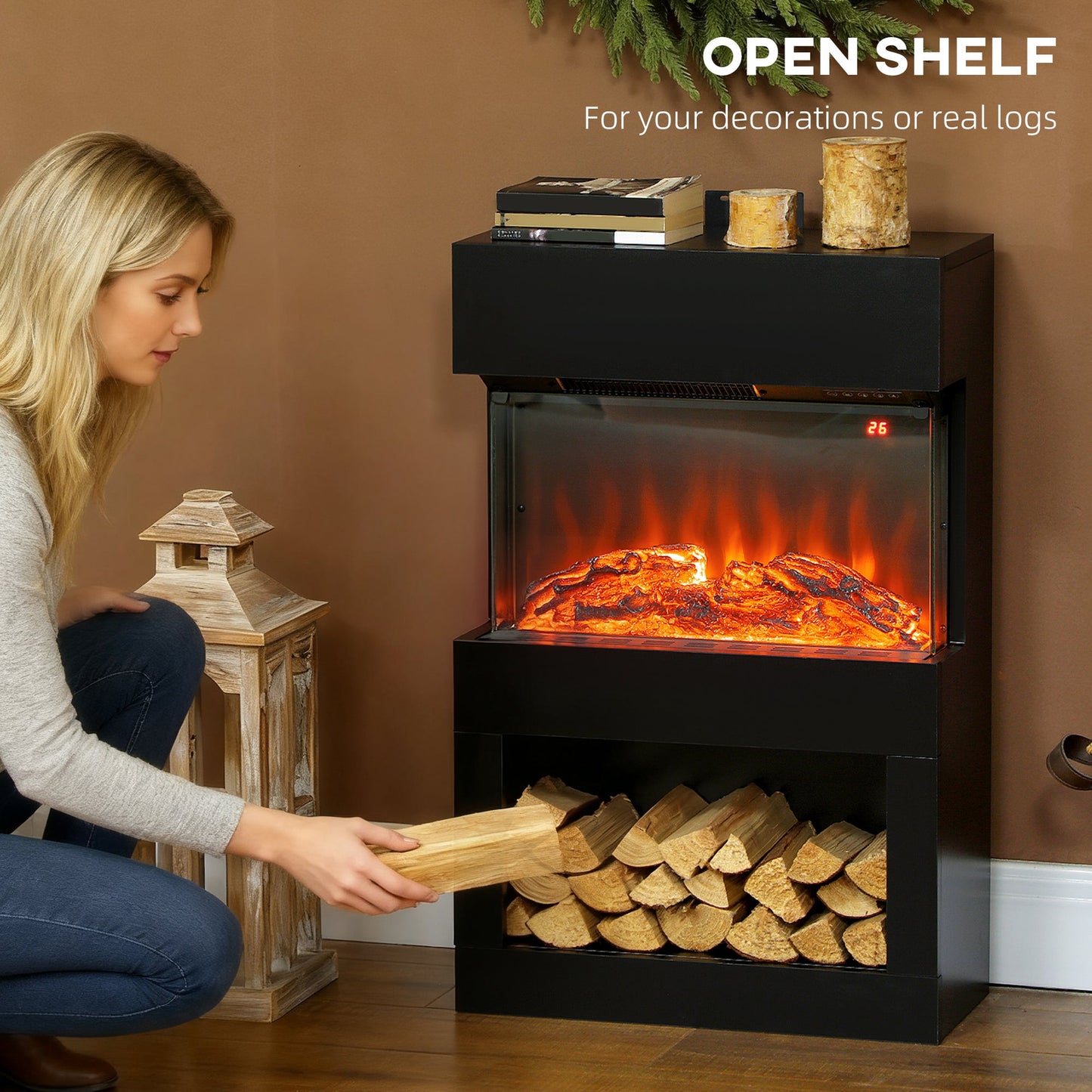 HOMCOM 19" Electric Fireplace with Surround, 3D Flame Effect, 6 Colours & 3 Brightness Levels, 1000W/2000W Black Electric Fire and Mantel Reach up to 30㎡ Space with Remote & Timer, 3 Sided View