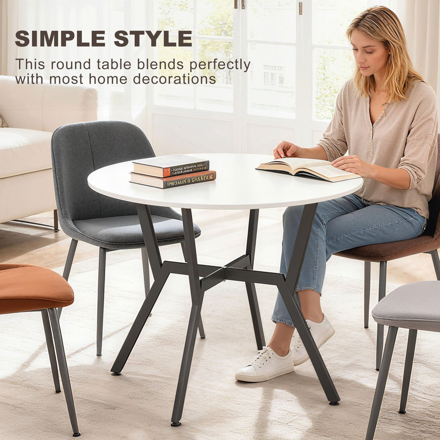طاولة طعام HOMCOM، طاولة مطبخ مستديرة بأرجل سوداء لغرفة المعيشة، غرفة الطعام 90 × 76 سم، أبيض شديد اللمعان