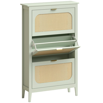 HOMCOM Narrow Shoe Cabinet, Boho Slim Shoe Storage Cabinet with 3 Flip Drawers, Holds 21 Pairs, Light Green