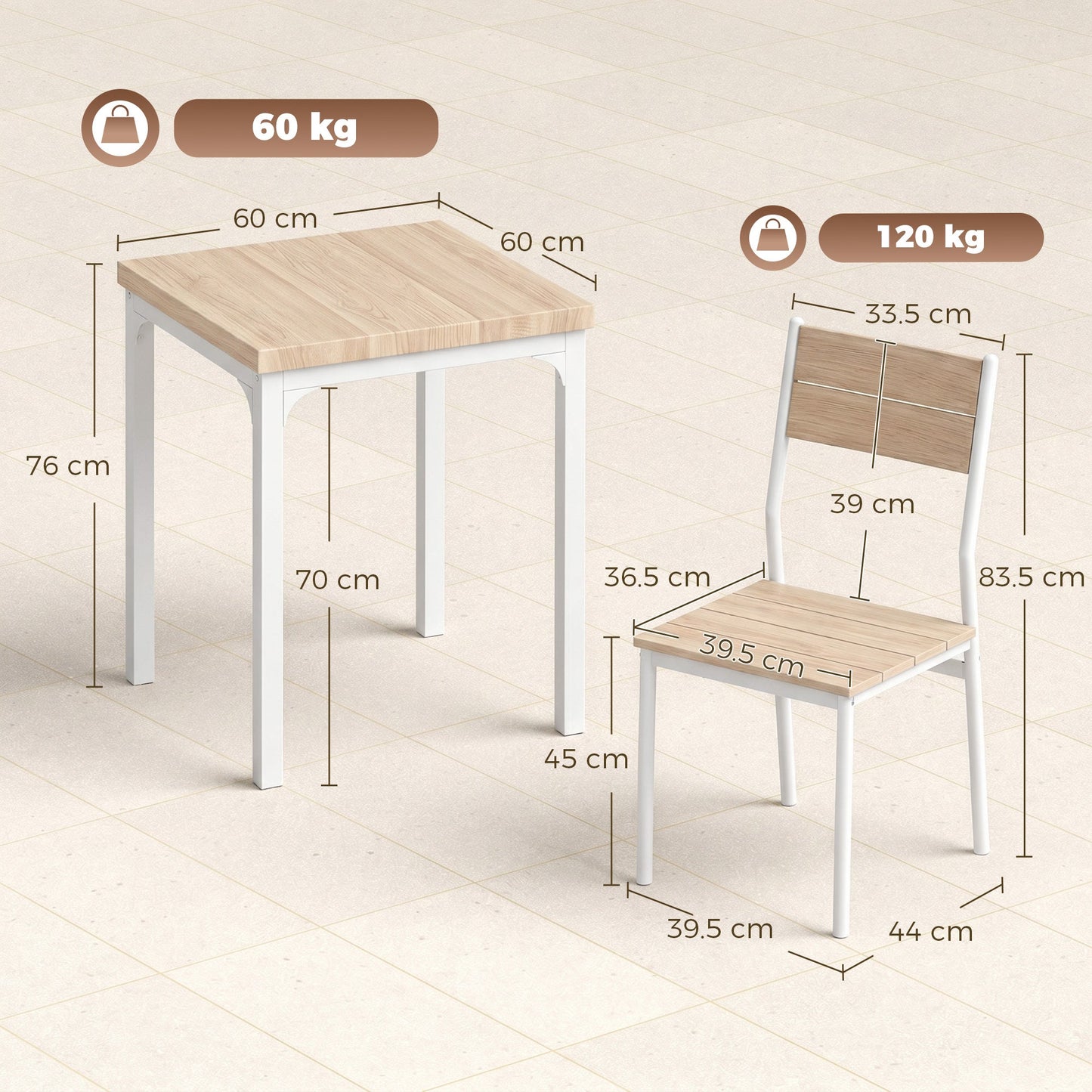 HOMCOM Three-Piece Minimal and Compact Dining Set, Oak Wood Effect