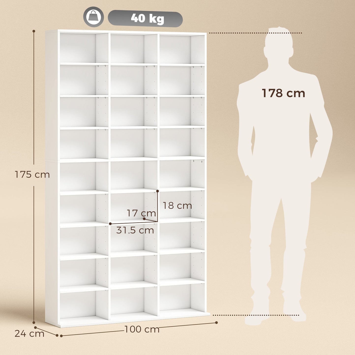 HOMCOM 835 CD/500 DVD Storage Unit, Blu-ray Media Storage Shelf with 27 Compartments and 21 Adjustable Shelves, White