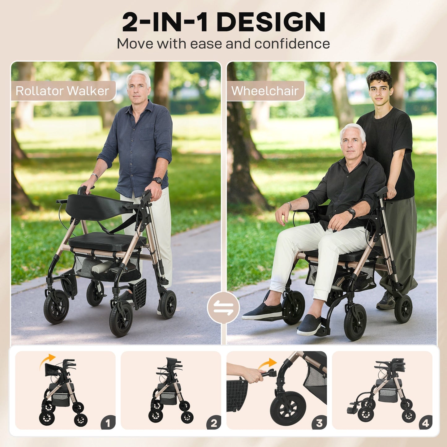 HOMCOM Rollator Walker Wheelchair, with Seat - Black