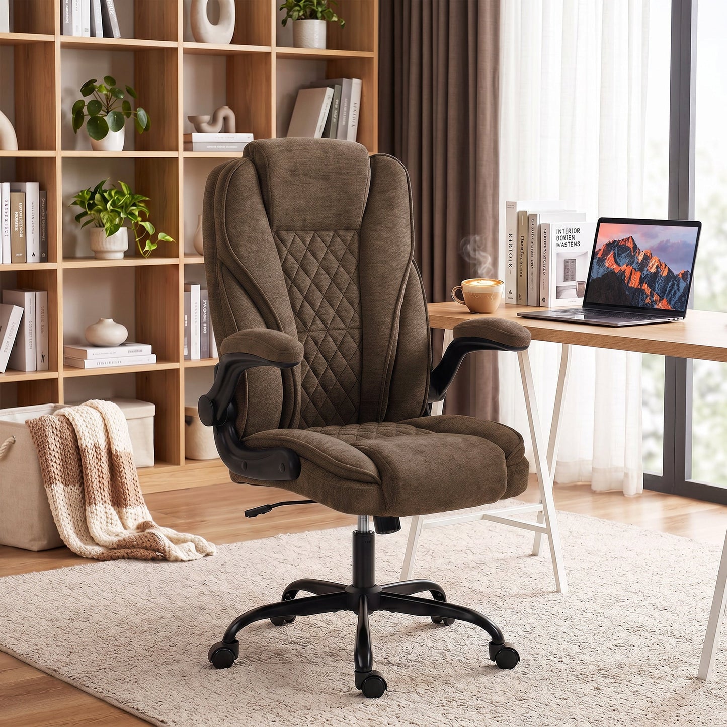 HOMCOM Office Chair, Ergonomic Desk Chair with Flip-up Armrest, Pocket Springs, Swivel Wheels, Adjustable Height, Brown