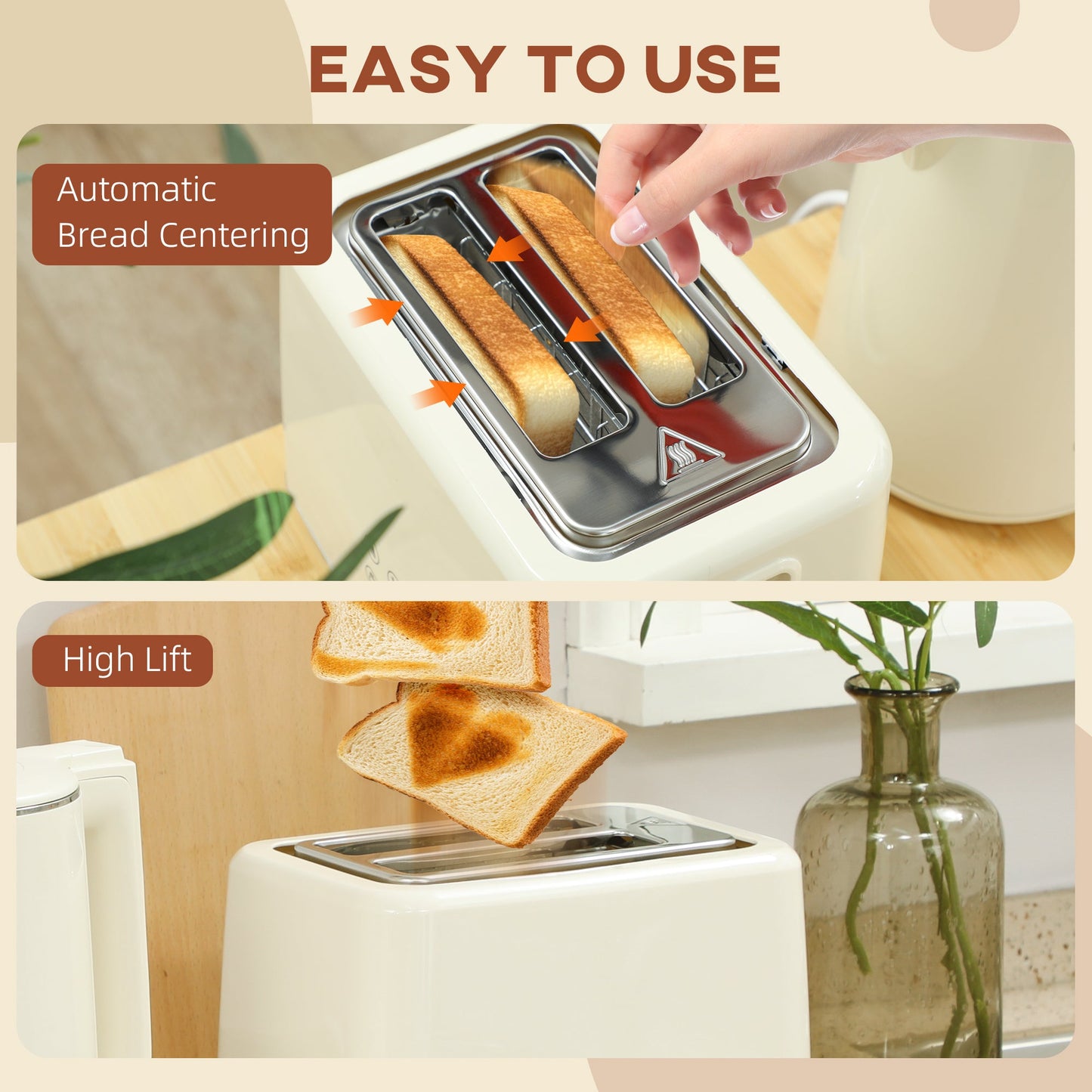 HOMCOM Digital Stainless Steel Kettle and Toaster Set, 1.5L 3000W Fast Boil Kettle, 2 Slice Toaster with 7 Level Browning Controls, Defrost, Reheat, Keep Warm, Crumb Tray and LED Touch Display, Beige