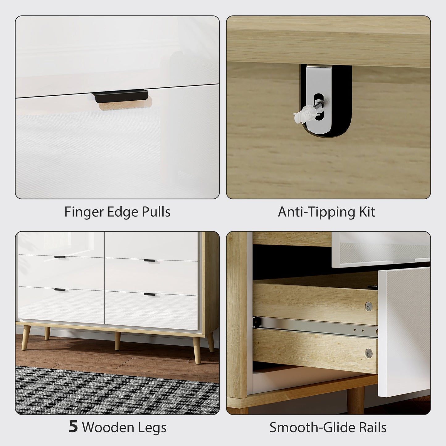 HOMCOM Storage Cabinet, Chest of Drawers with 6 Drawers and 5 Legs for Bedroom, High Gloss White