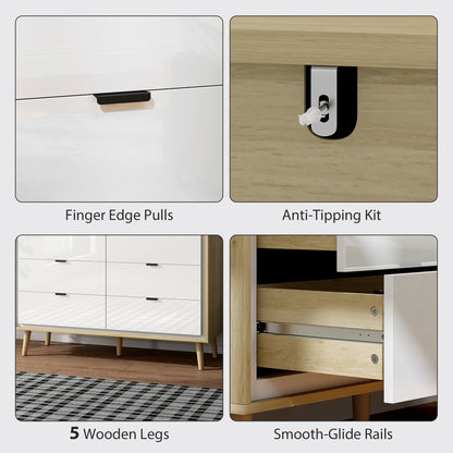 HOMCOM Storage Cabinet, Chest of Drawers with 6 Drawers and 5 Legs for Bedroom, High Gloss White