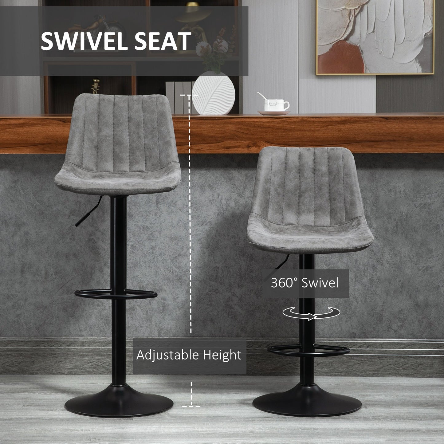 HOMCOM Set of 2 Leathaire Tub Bar Stools - Grey