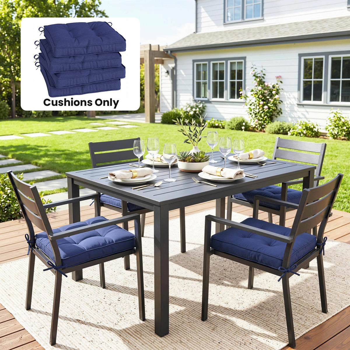 Outsunny Garden Seat Cushion with Ties, 42 x 42cm Replacement Dining Chair Seat Pad, Dark Blue