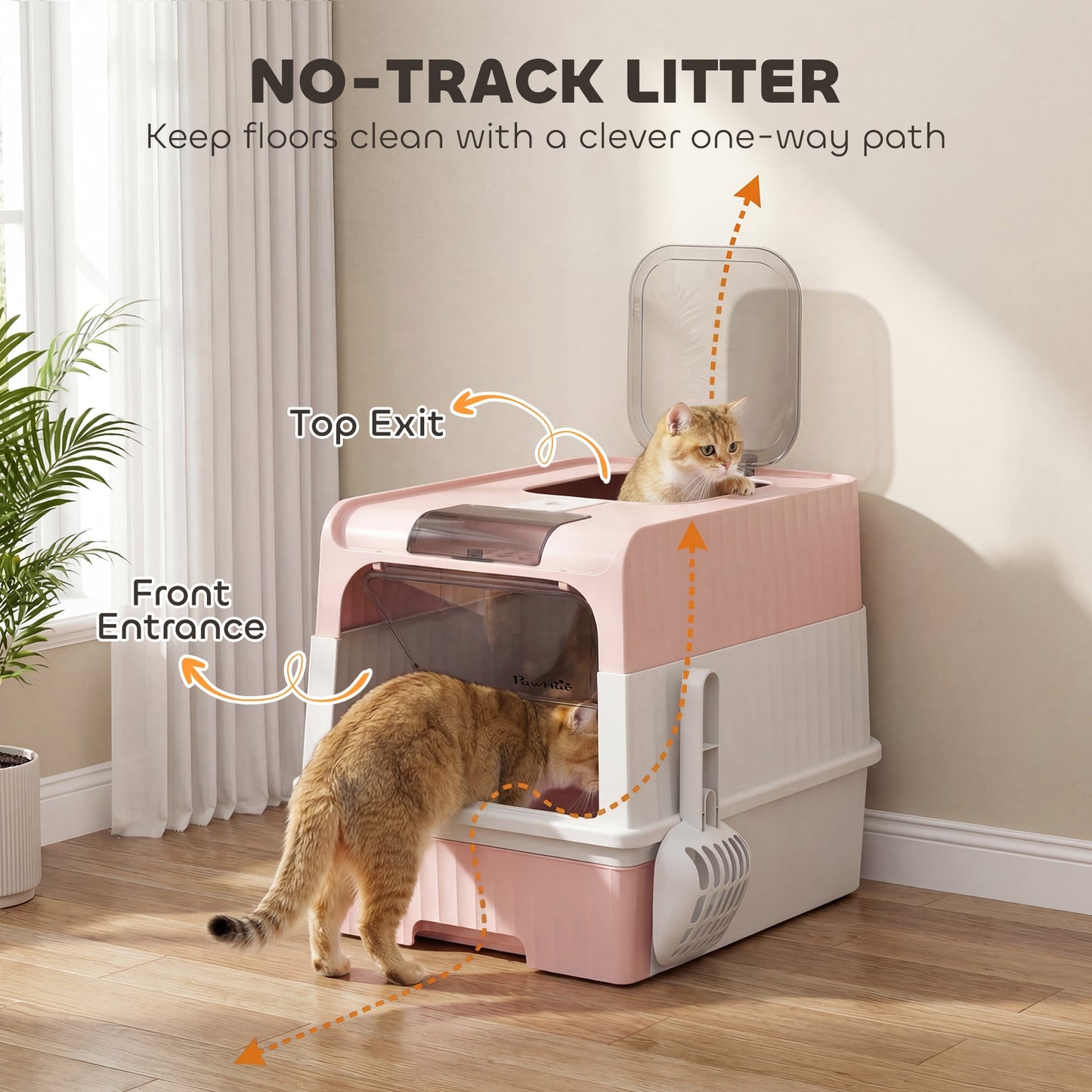 PawHut Enclosed Cat Litter Box with Lid, Pull-Out Drawer Tray, Scoop, 4 Deodorisation Bags, Front Entry & Top Exit, Pink