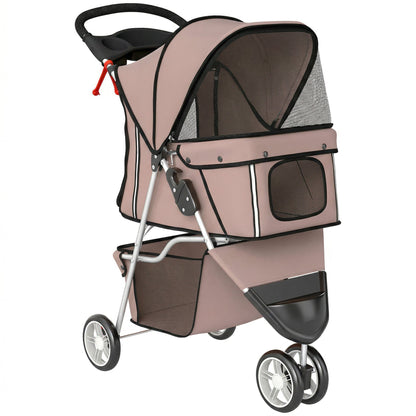PawHut Dog Stroller, 3 Wheels Foldable Pet Stroller with Adjustable Canopy, Storage Basket for Small Mini Breeds, Coffee