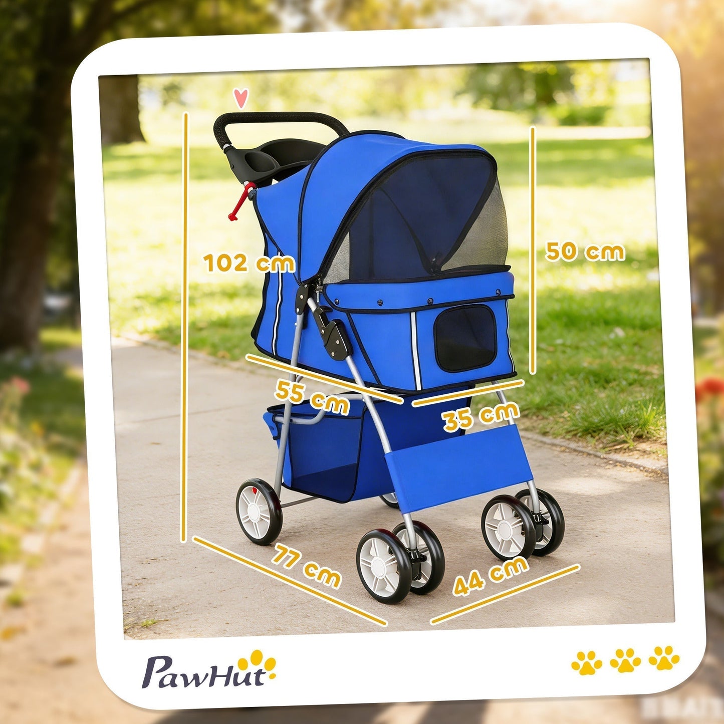 PawHut Dog Pram, Pet Stroller with Reflective Strips, Foldable Cat Stroller with 360 degrees Swivel Wheels, Blue