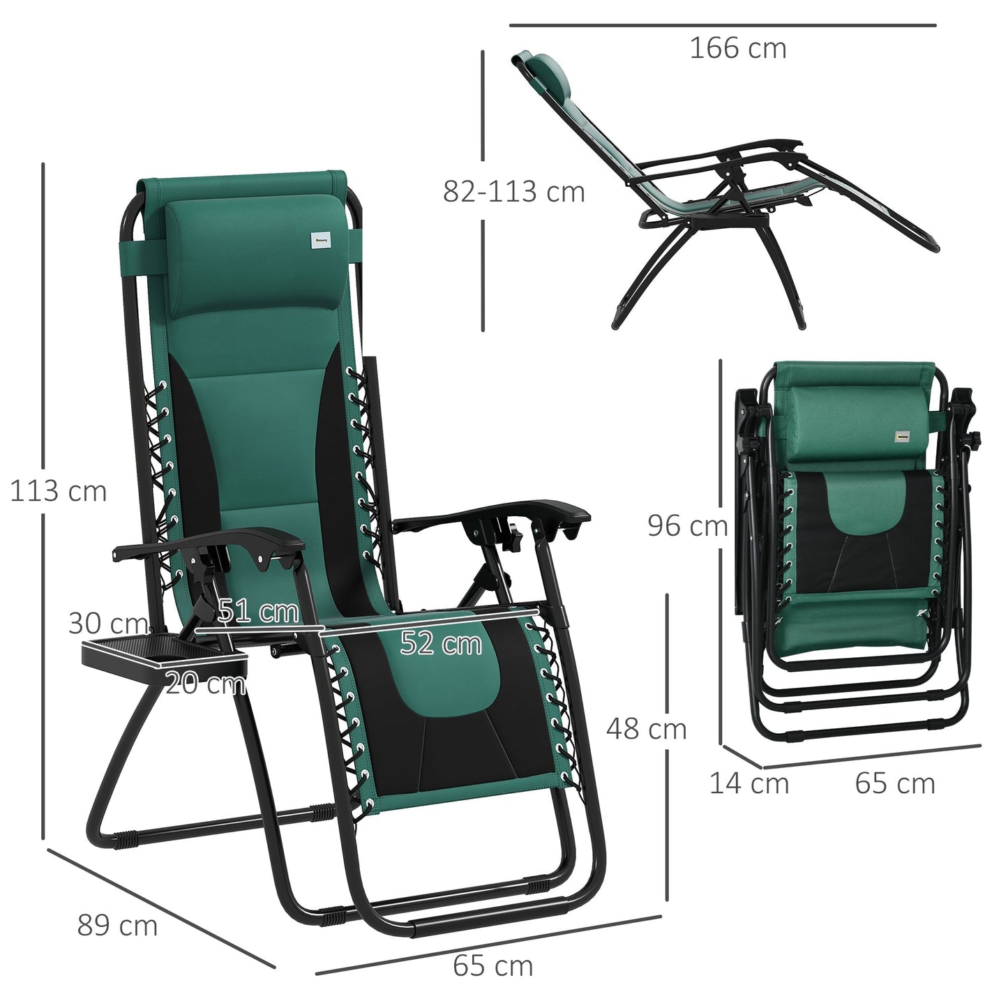 Outsunny Zero Gravity Lounger Chair Set of 2, كرسي قابل للطي للاسترخاء في الفناء مع مقعد مبطن، وحامل أكواب، ووسادة ناعمة ومسند رأس للمسبح، والتخييم، أخضر