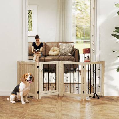PawHut 4 Panel Freestanding Pet Gate, Indoor Dog Barrier with Lockable Door, Support Feet, 360 degrees Flexible Hinges, Oak