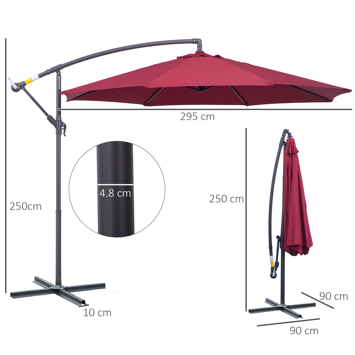 Outsunny 3m Water Resistant Terylene Hanging Parasol Wine Red