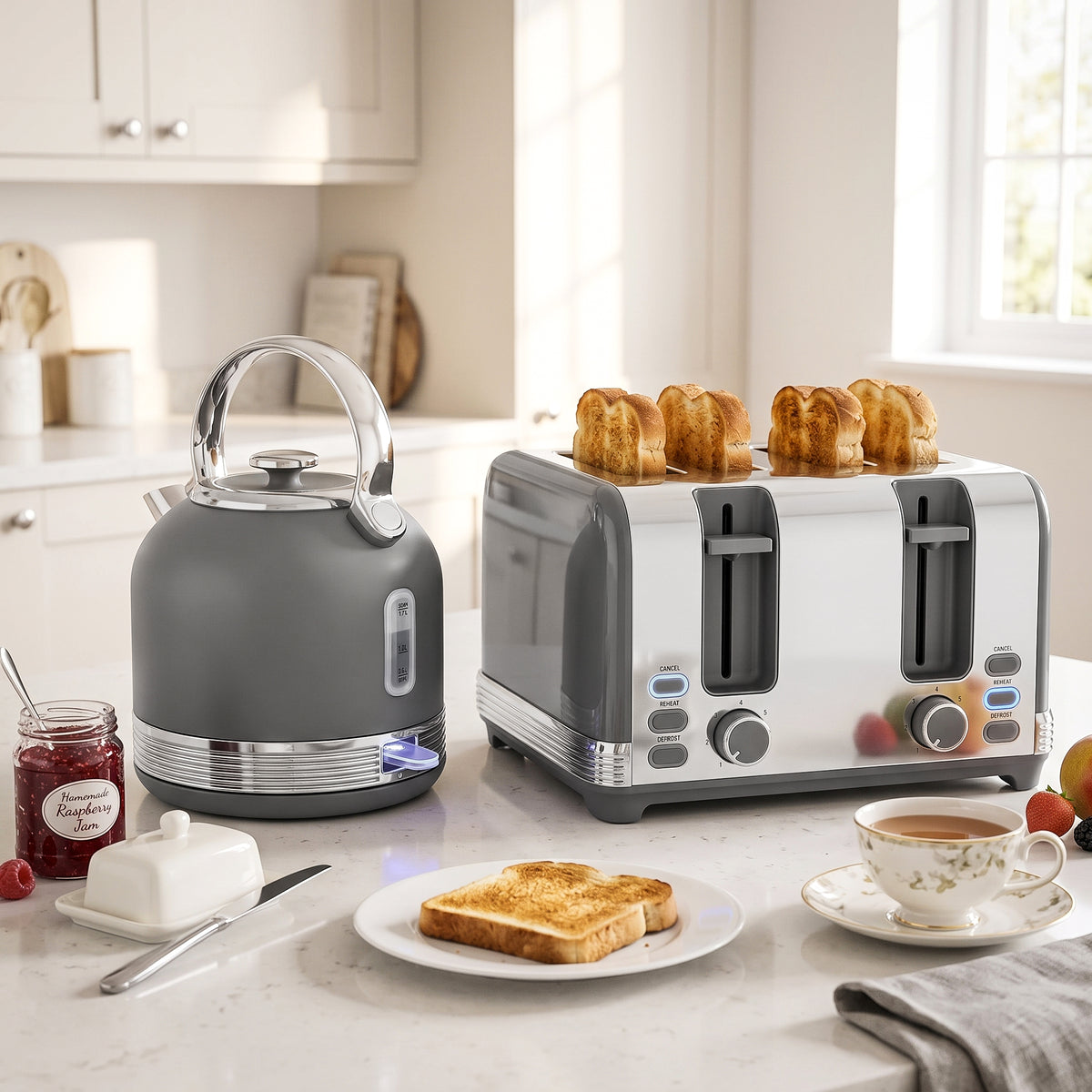 HOMCOM Stainless Steel Kettle and Toaster Set in Grey