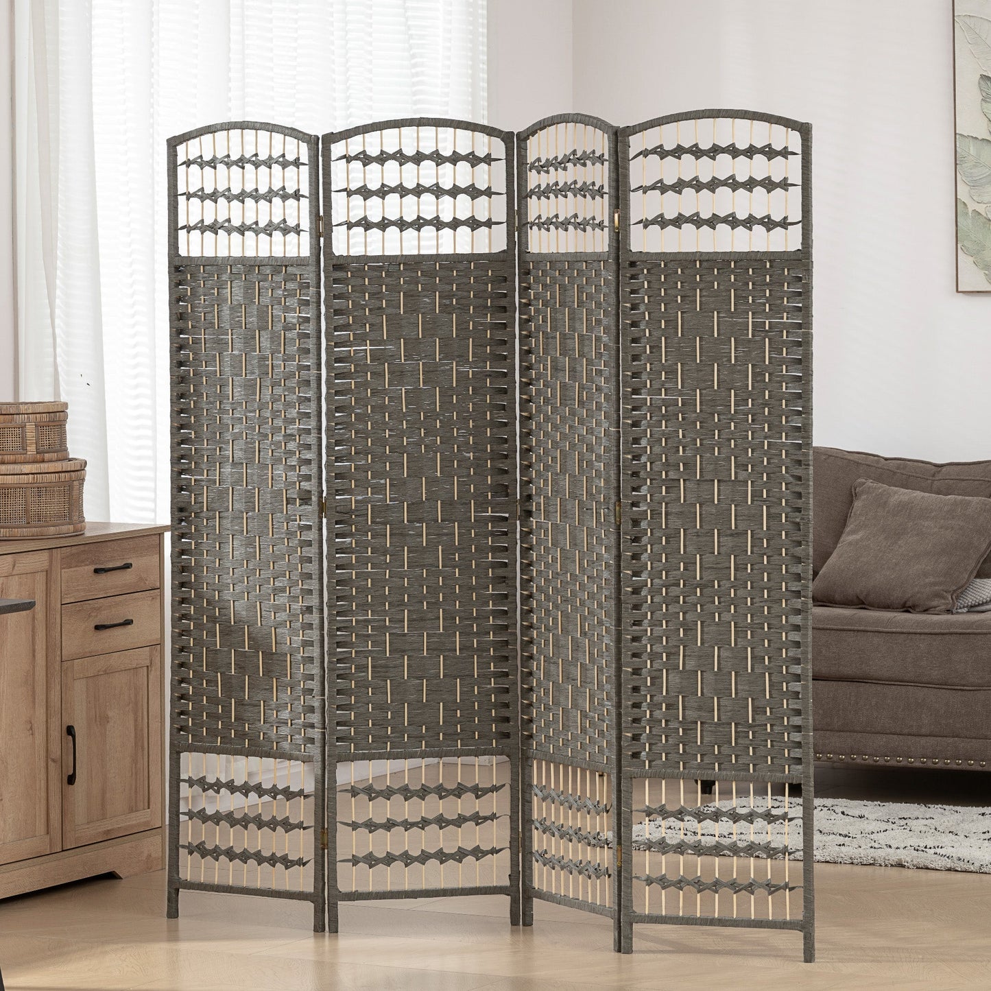 HOMCOM 4 Panel Folding Privacy Screen, Room Divider with Pine Wood Frame for Living Room and Office, Dark Grey