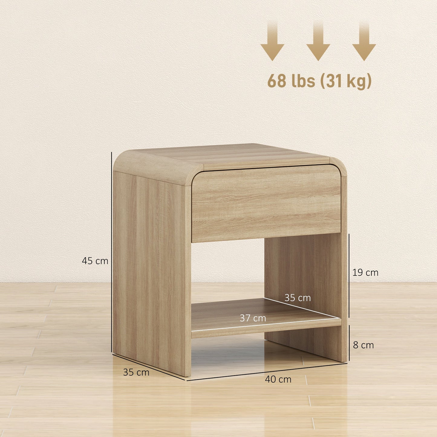 HOMCOM Bedside Tables Set of 2, Nightstands with Rounded Corners, Modern Side Table with Silent Drawer for Bedroom, Natural