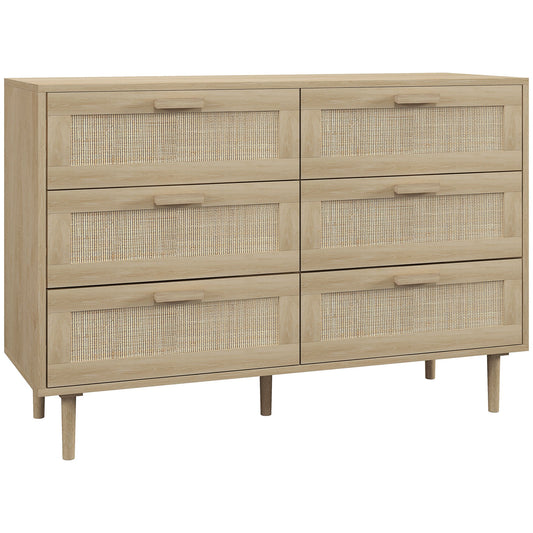 HOMCOM Chest of Drawers, 6-Drawer Dresser, Tall Storage Drawer Unit with Rattan Element for Bedroom, Living Room, Oak