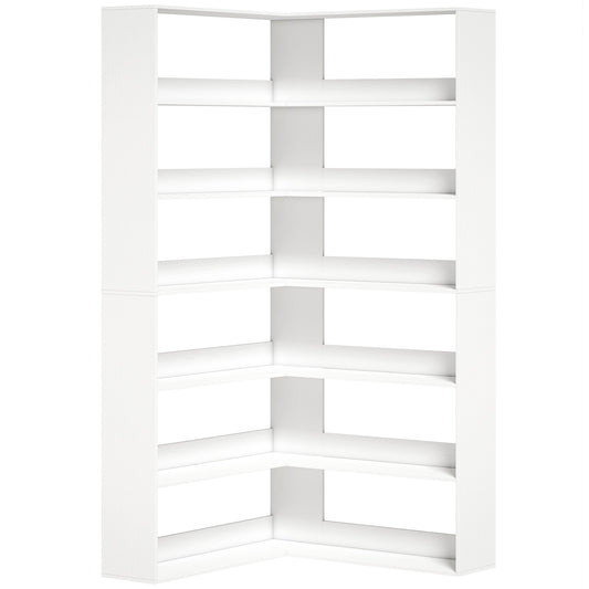 HOMCOM 7 Tiers Bookshelf, L-Shaped Corner Bookcase with Anti-Slip Rear Guard, White Wood Effect
