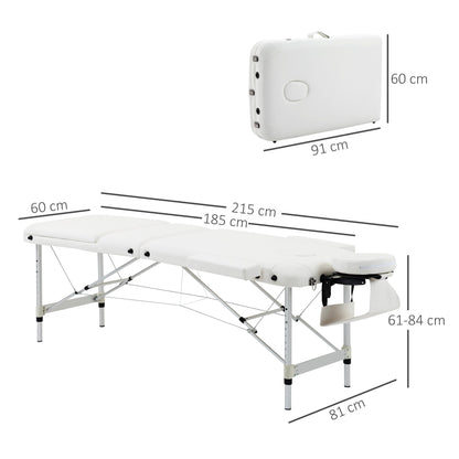 HOMCOM Foldable Massage Bed Portable Table, 3-Section Aluminium Foldable Beauty Couch, Professional Salon Spa Table with Headrest Support and Carry Bag, 81 cm Width, White
