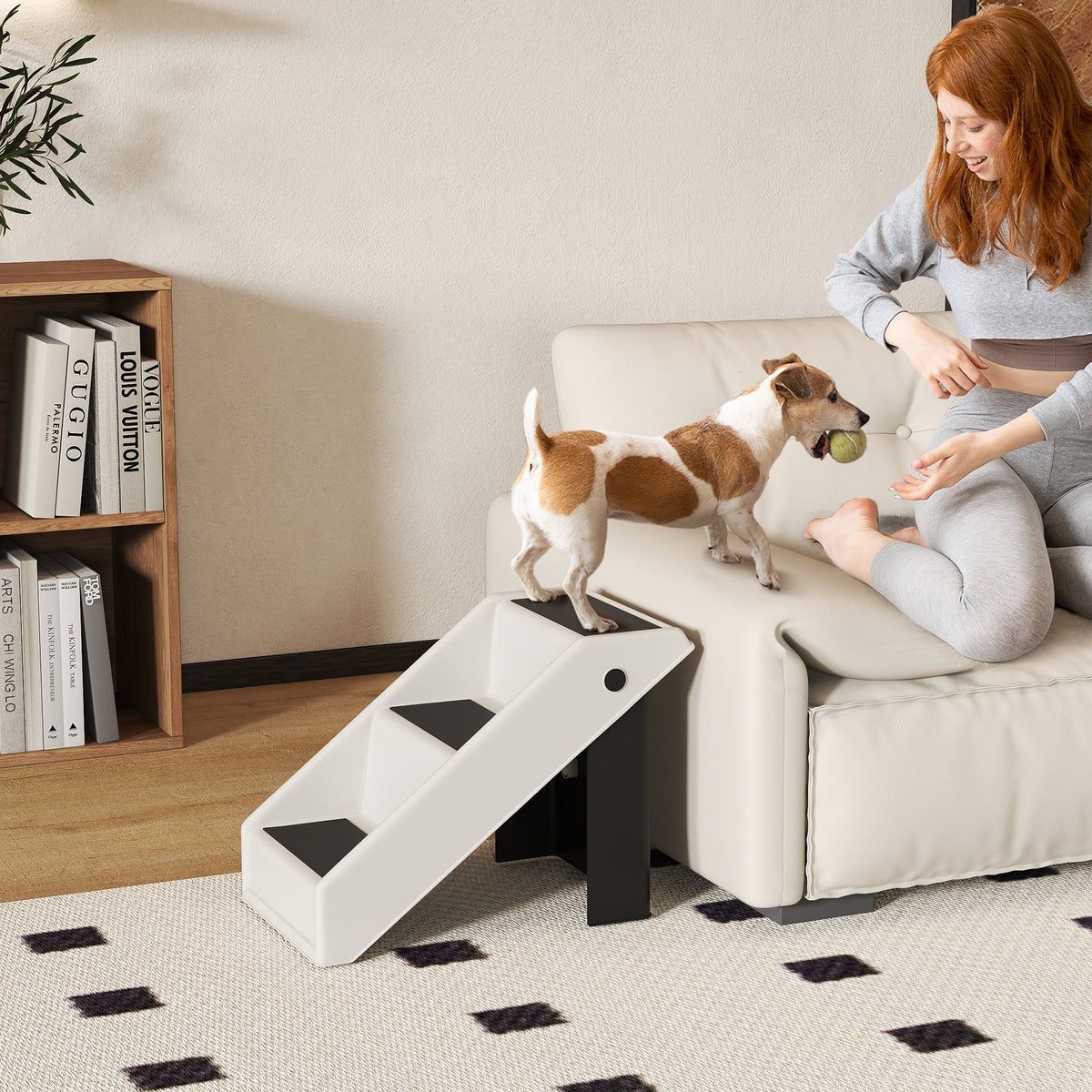 PawHut Foldable Dog Steps, Lightweight Portable Pet Stairs with 3 Non-Slip Steps for Beds or Sofas, Cream White
