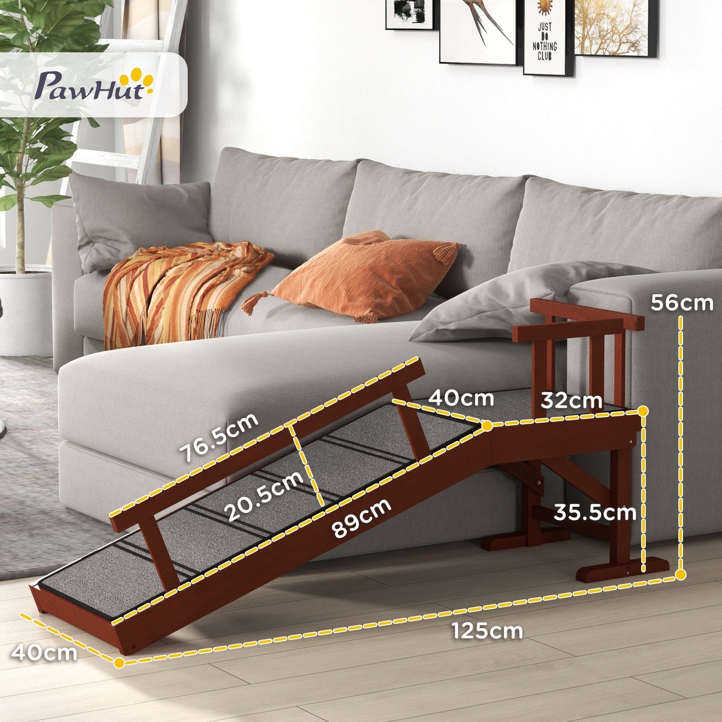 PawHut Wooden Dog Ramp with Removable Guardrails, Non-Slip Surface, 125 cm Long, Brown