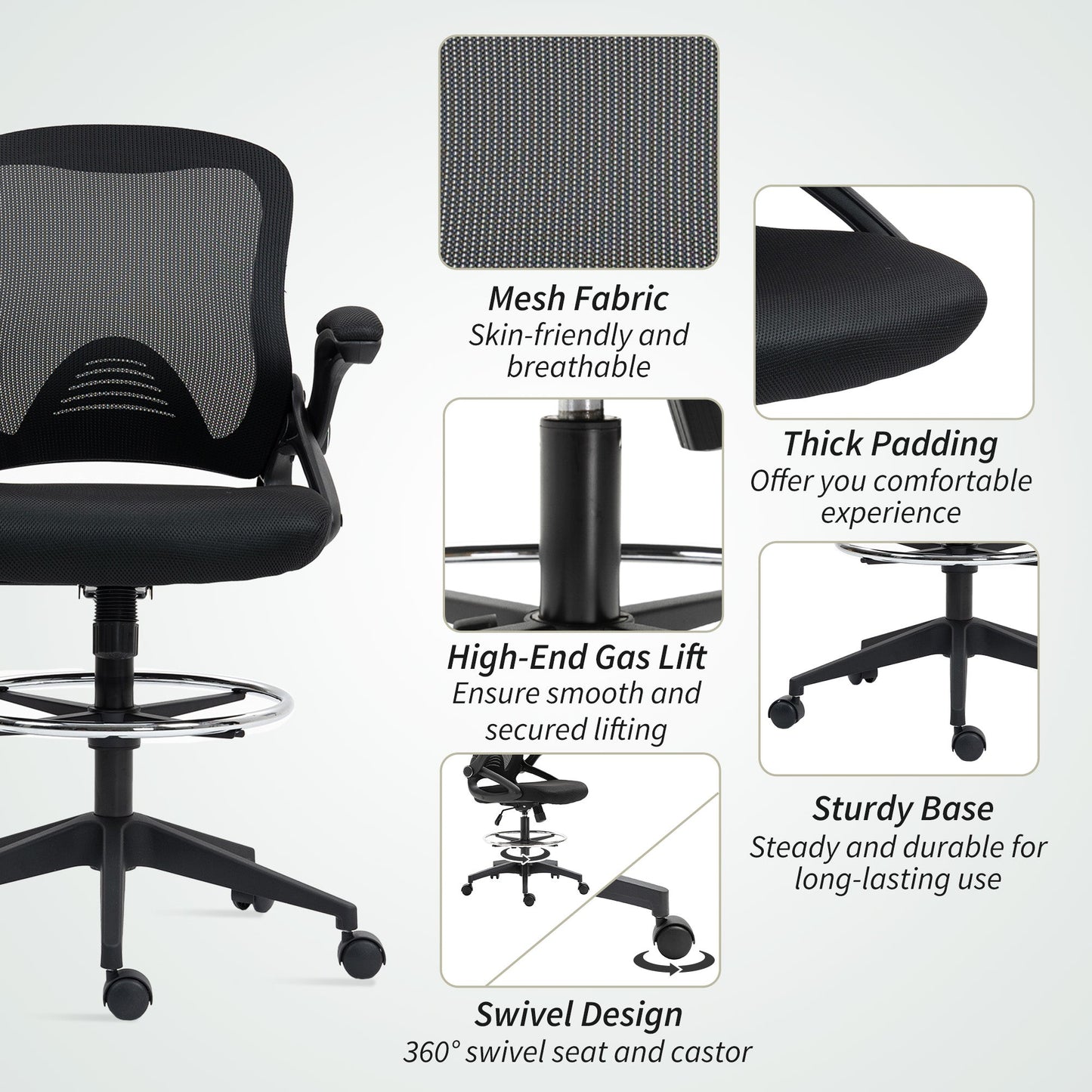 Vinsetto Drafting Chair with Flip-up Armrest, Mesh Office Stool with Foot Ring, 360 Degree Swivel Height Adjustable Chair for Standing Desk, Black