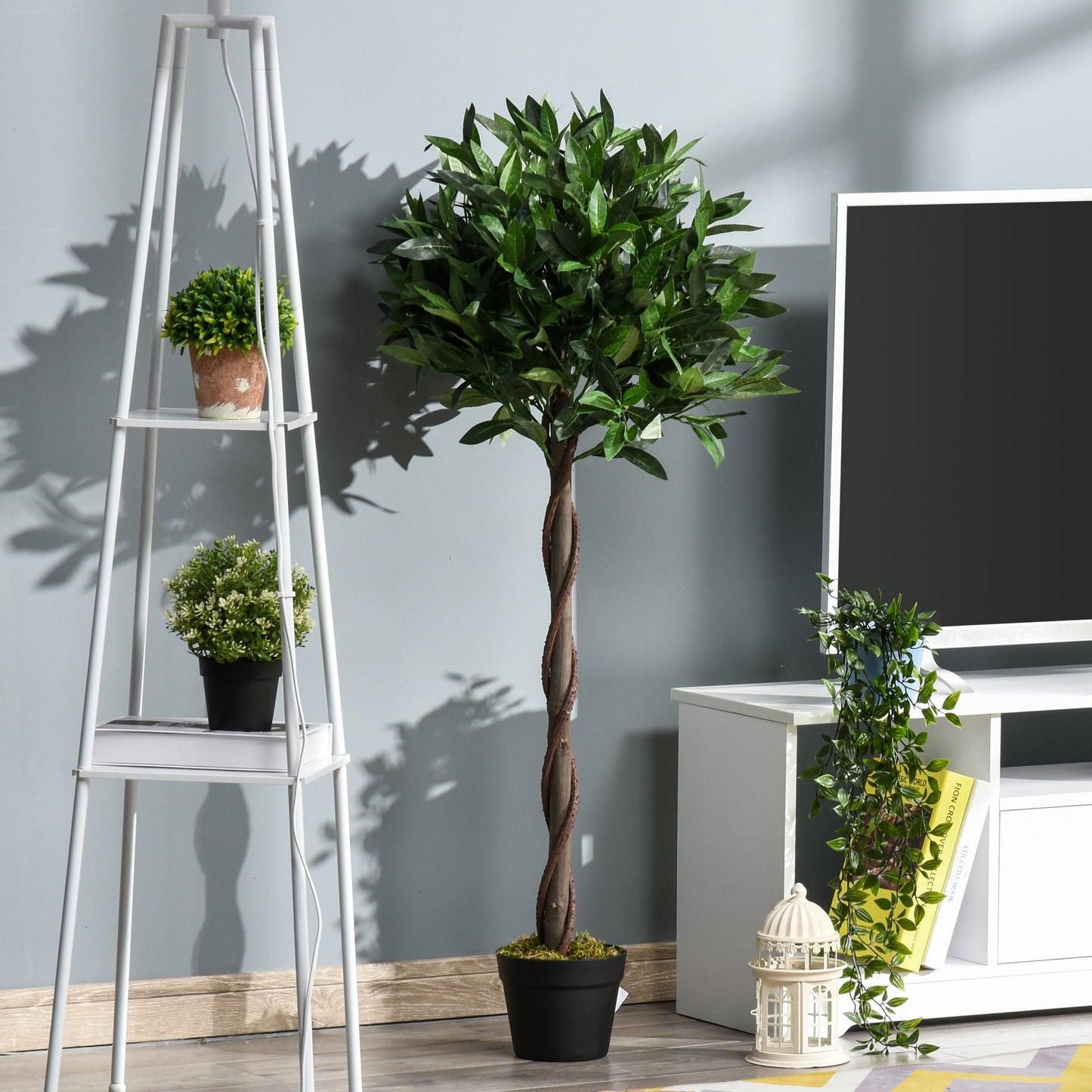 Outsunny Artificial Bay Laurel Topiary Trees w/ Pot Fake, Set Of 2 120cm/4FT Indoor Greenery Plant Home Office Garden Decor Green