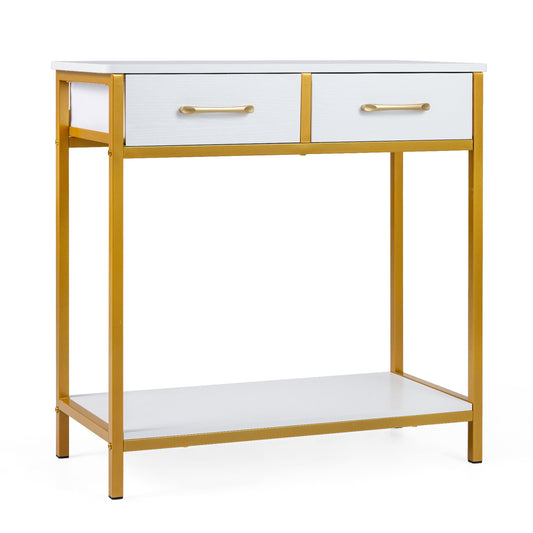Narrow console table with two white fabric drawers and a lower shelf with gold metal legs