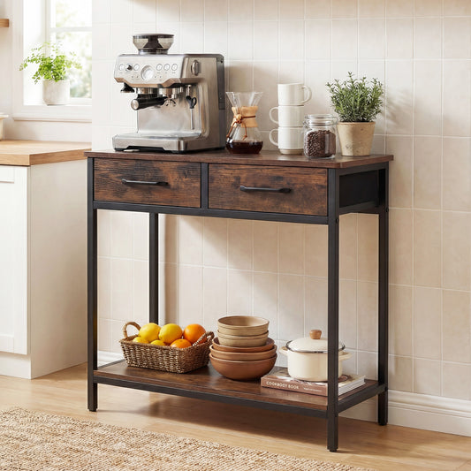 The console table in a kitchen setting with a coffee machine and fruit bowl on it